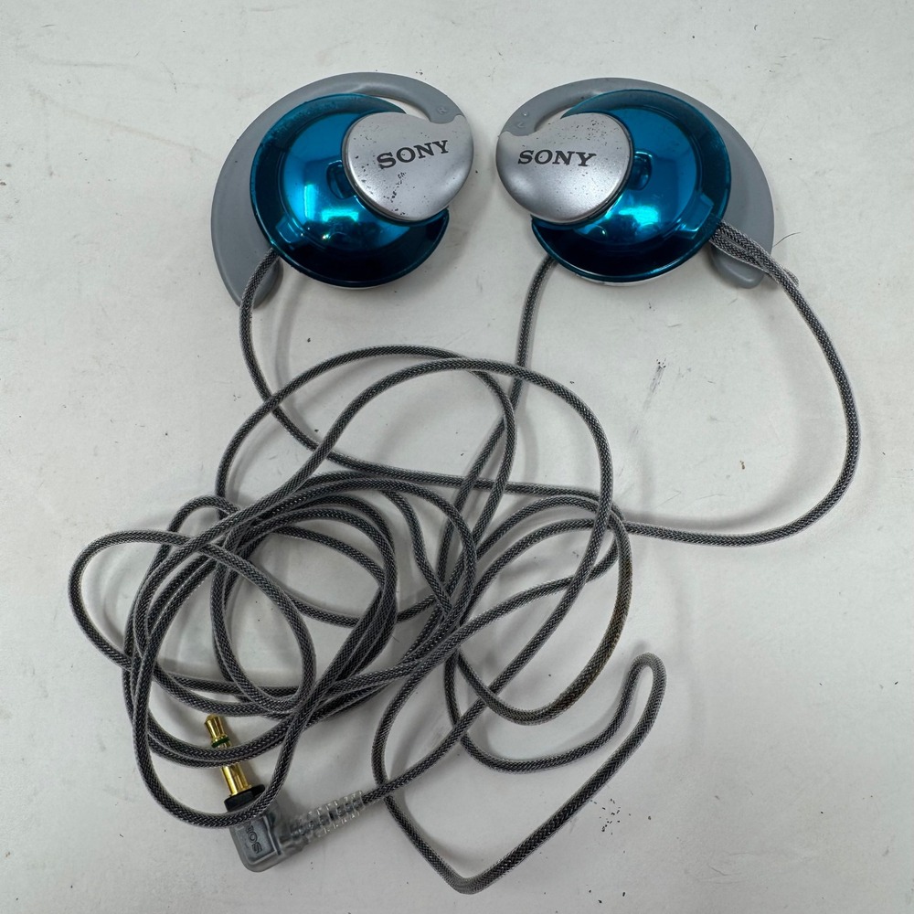 Sony MDR-Q33 Blue Silver Clip On Headphones Vintage Wired Braided Cord AS IS